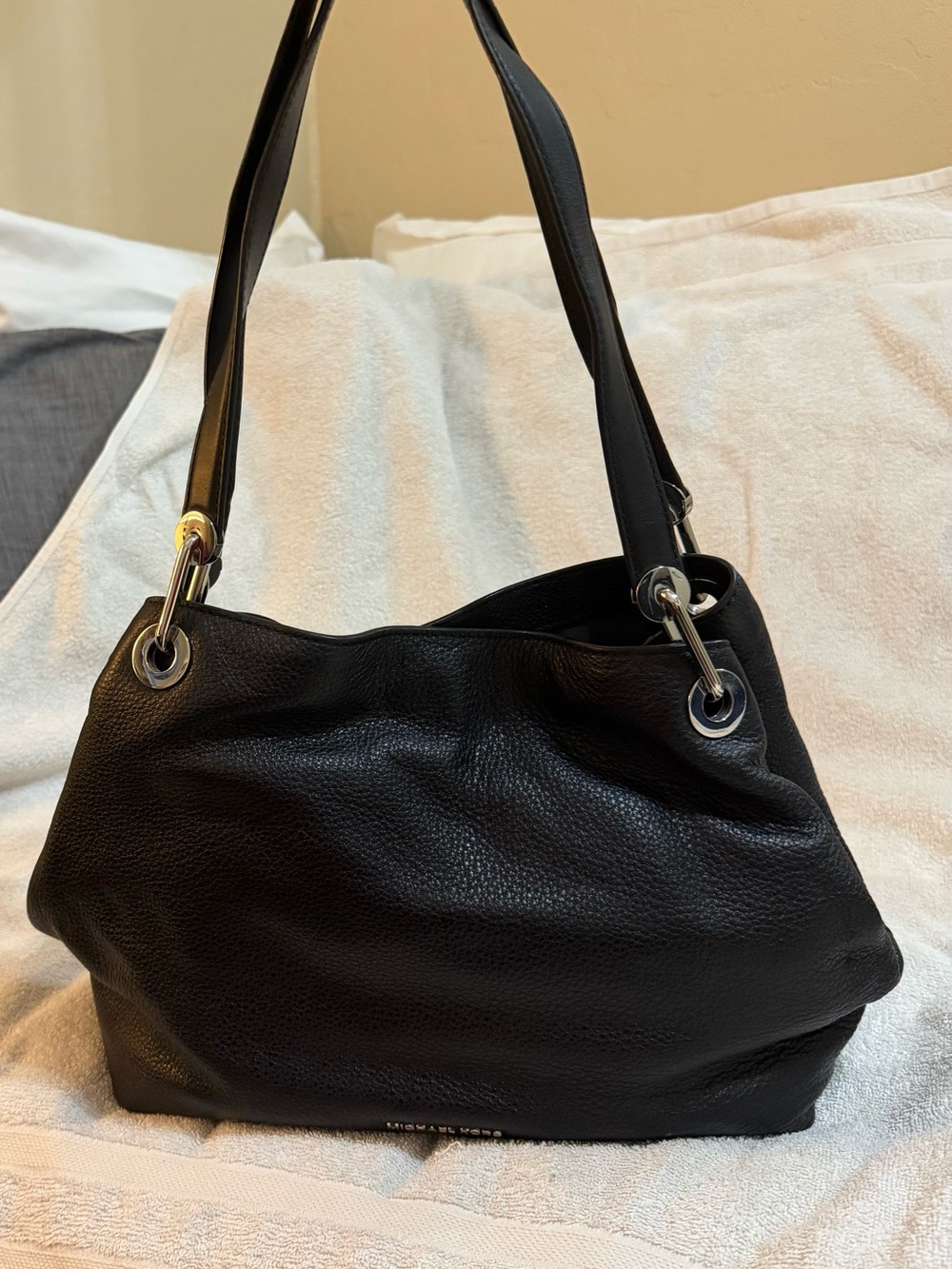 Michael Kors Black Pebbled Leather Shoulder Bag with Silver Hardware